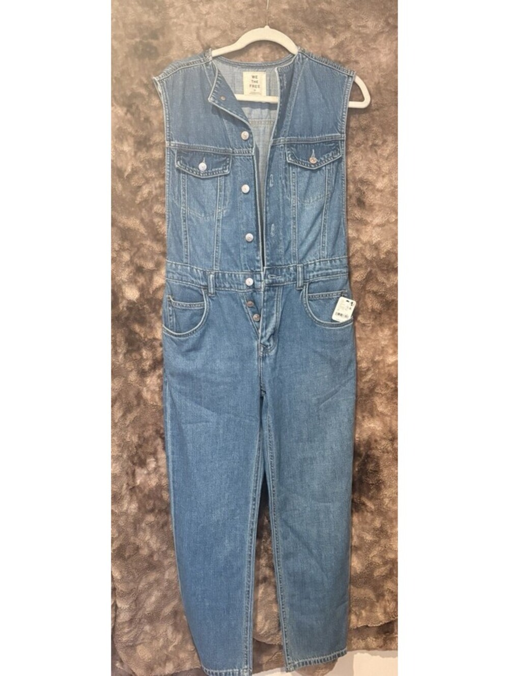 We The Free Denim Button Sleeveless Straight-Leg Jumpsuit Blue Women’s 27